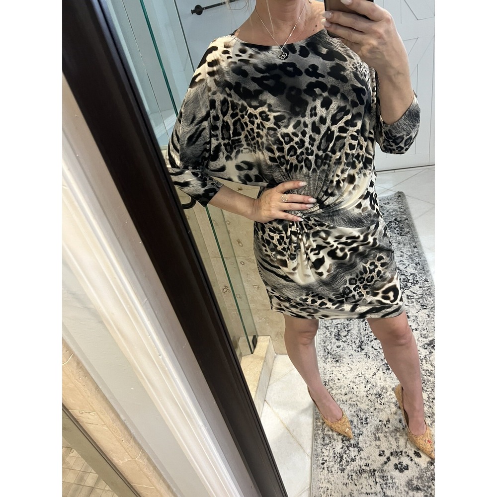 Muse Women Animal Print Faux Wrap Dress Brown Gray Jersey Twist Front Size 8